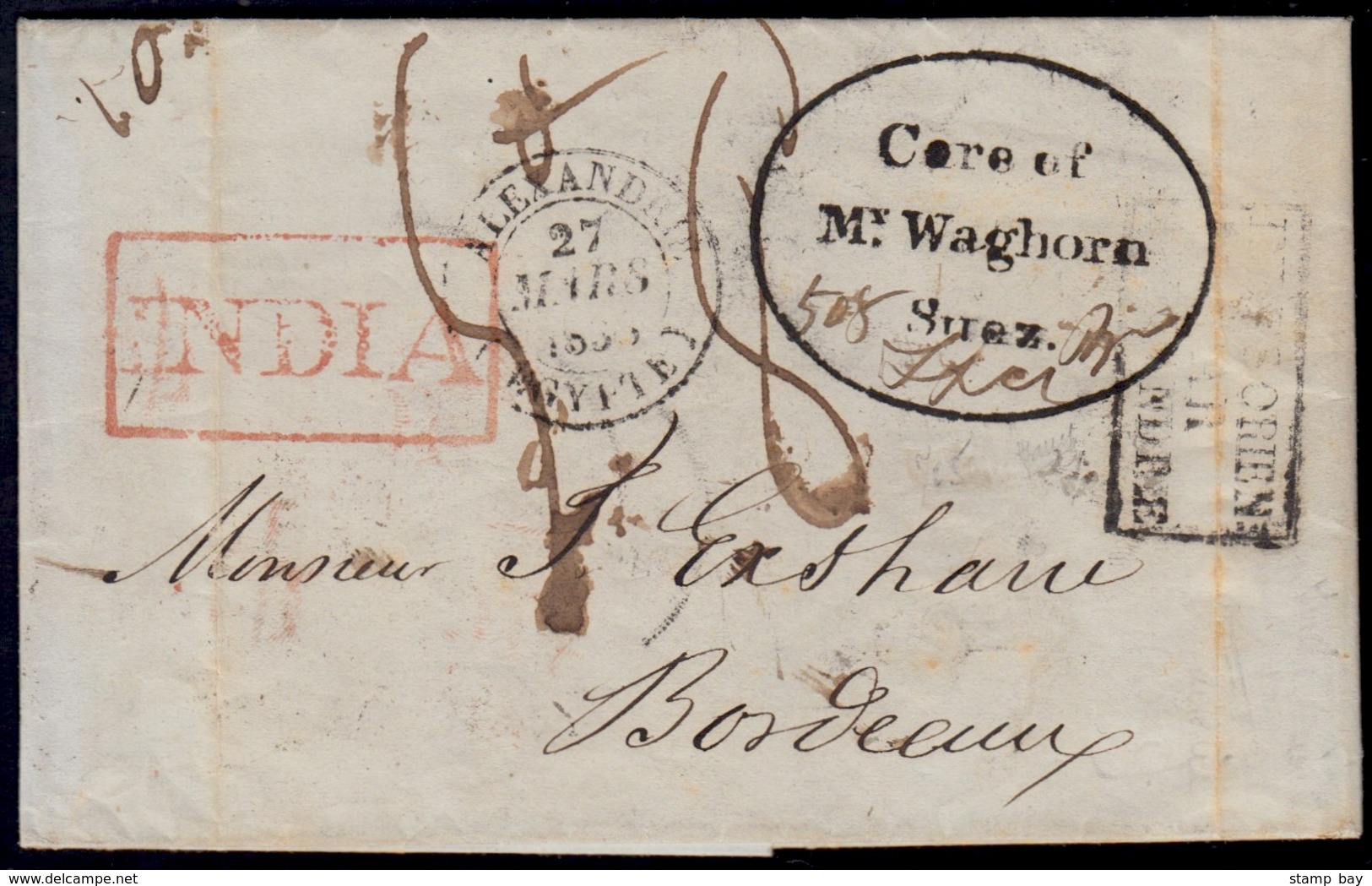 Waghorn - India 1838 Entire Letter From Calcutta To Bordeaux, Handstamped Oval "Care Of Mr. Waghorn / Suez", Backstamped - ...-1852 Prephilately