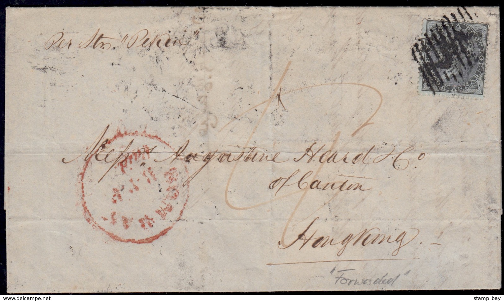 India 1857 Single Weight Prepaid Letter From Bombay To Hong Kong Paying The 4a Rate. Rare Red Bombay BPP Paid Hs On Fron - 1854 Compagnia Inglese Delle Indie