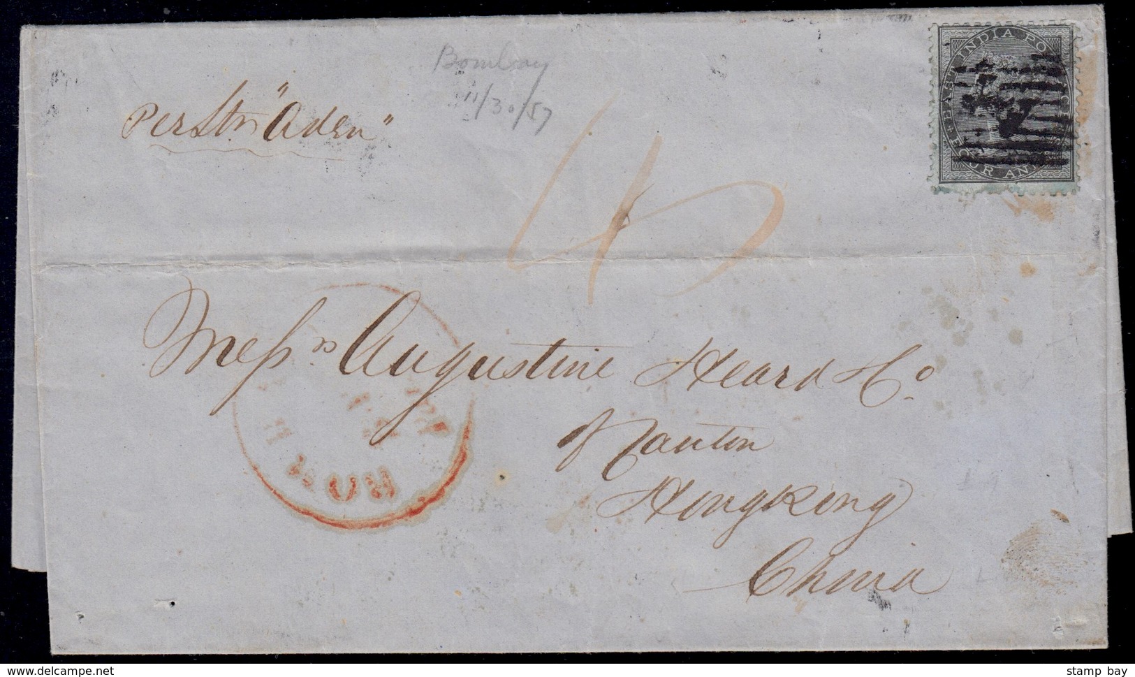 India 1857 4a Black On Bluish (SG 35) Tied By "I" Type 4 On Cover To Hong Kong, "per Str. Aden" With Forwarding Agent's  - 1854 East India Company Administration