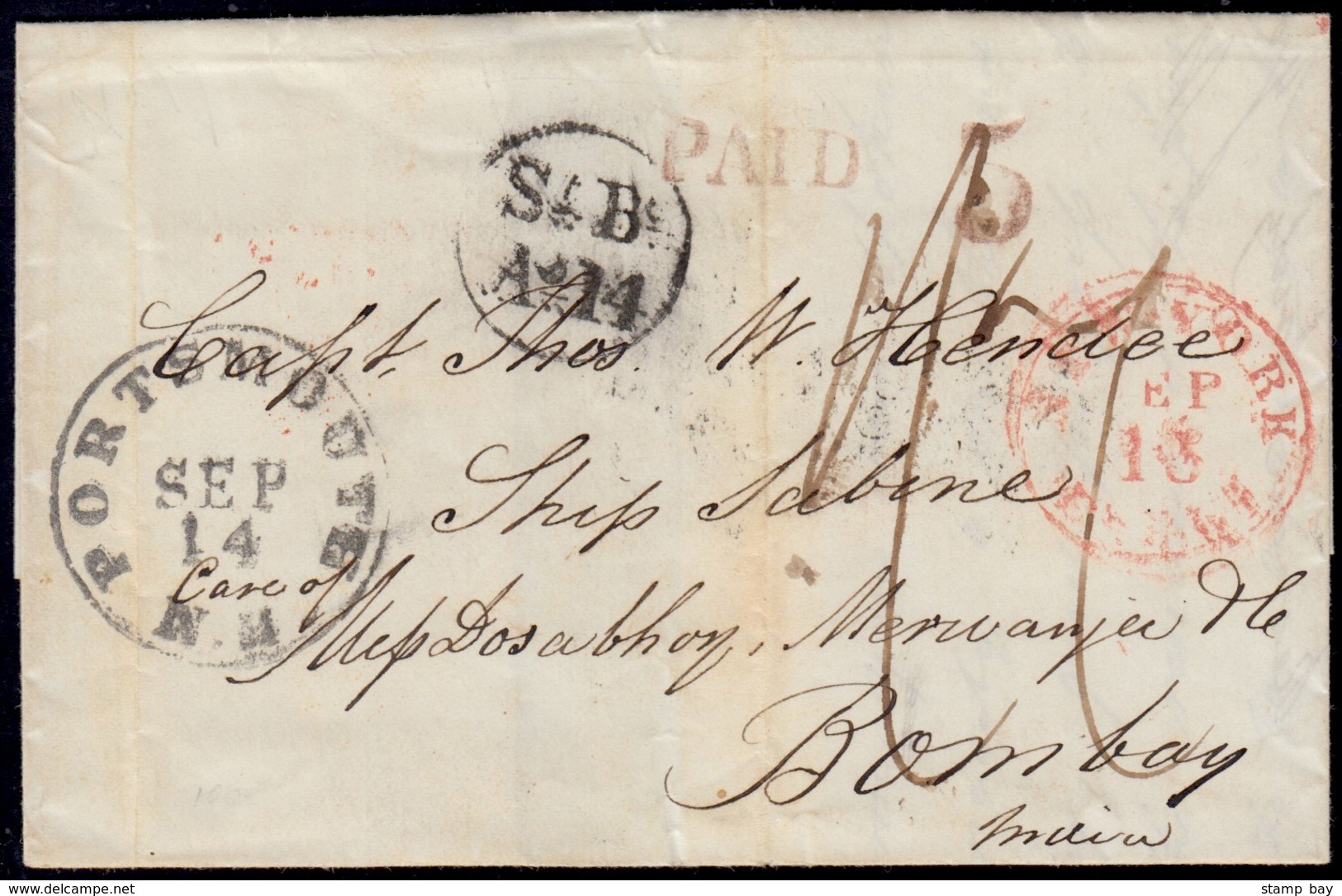 India 1858 Entire From Portsmouth, USA To Bombay, Paid 5c Cash Internal Rate, Sent Bearing 1/7 British Packet Due From N - 1854 Compagnia Inglese Delle Indie