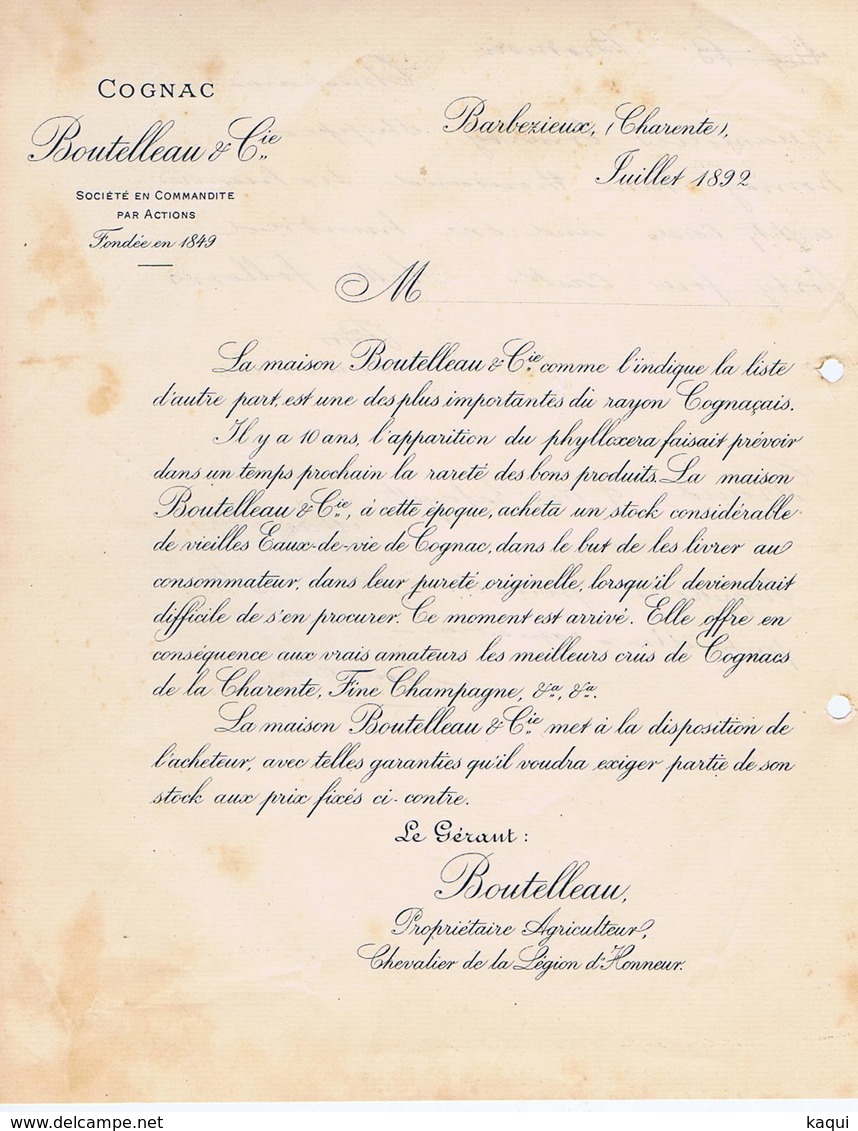 CHARENTE - BARBEZIEUX - Cognac BOUTELLEAU & Cie - 3 Papiers Différents Lettre 1892 + Tarif - 1800 – 1899