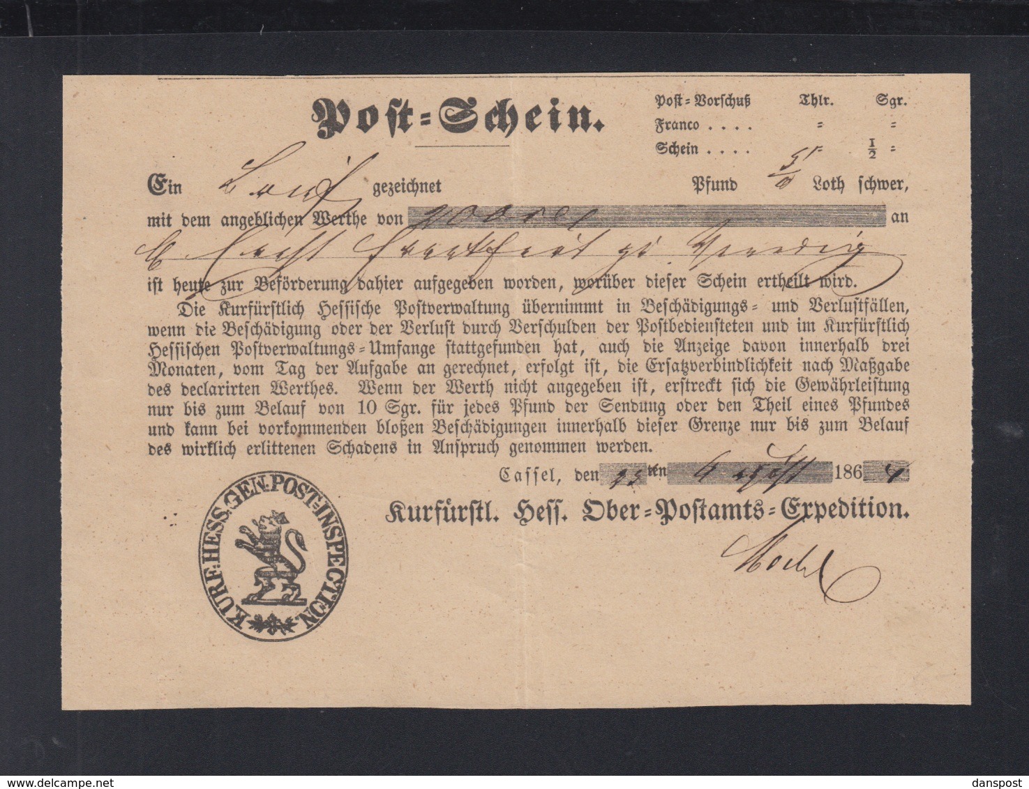 Hessen Postschein 1864 - Storia Postale
