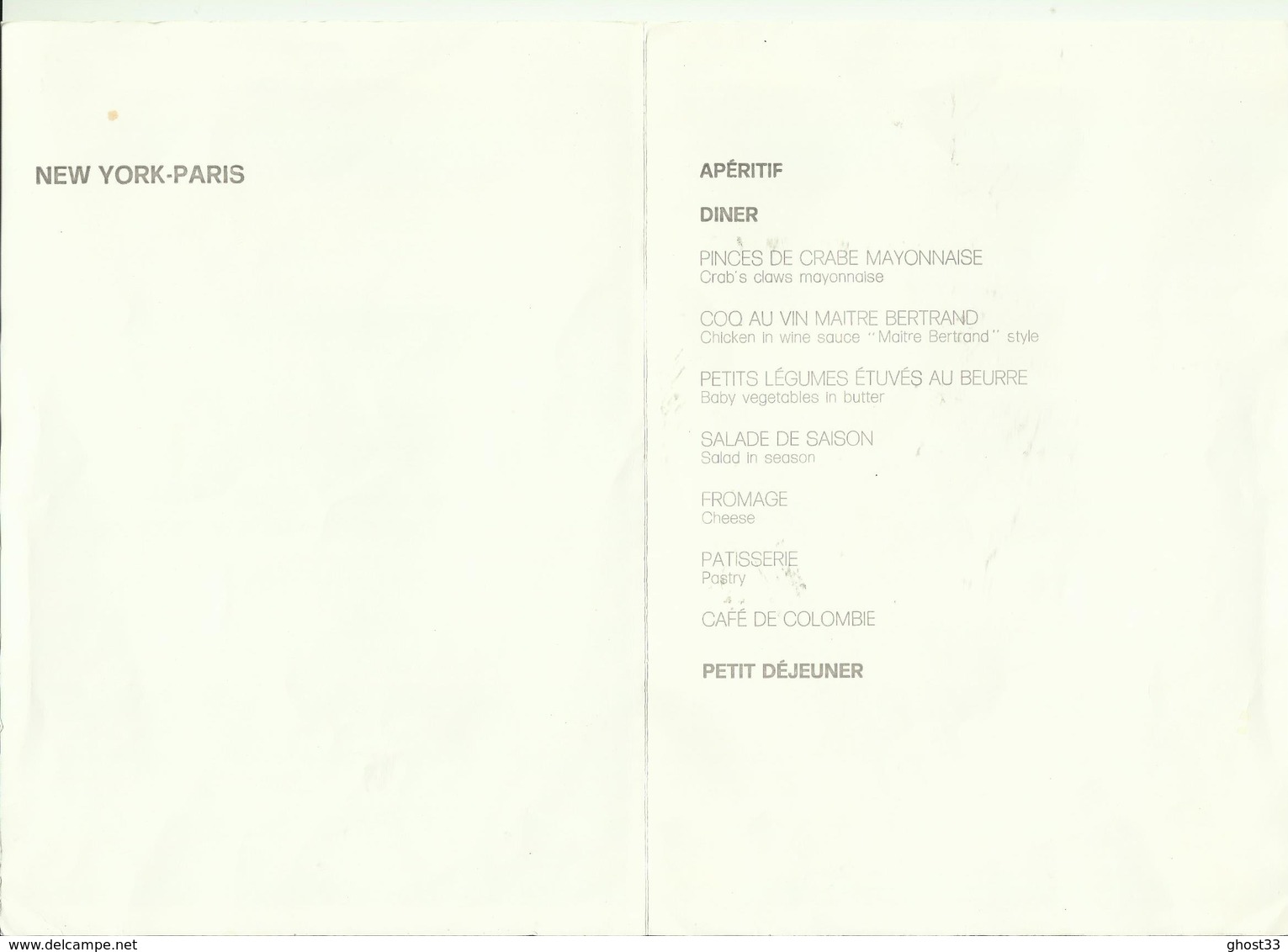 MENU AIR FRANCE - NEW YORK / PARIS  - Château De BOURLEMONT - Menu Cards