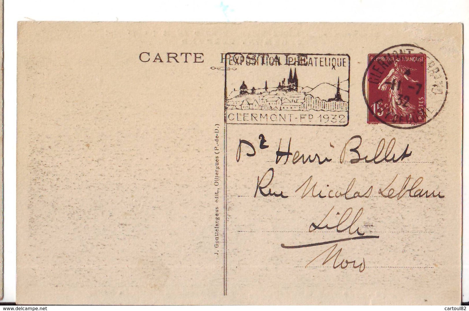 5 P 15 C Semeuse Repiquage Expo Philatélique Clermont Ferrand 1932 Très Bel état - Cartes Postales Types Et TSC (avant 1995)