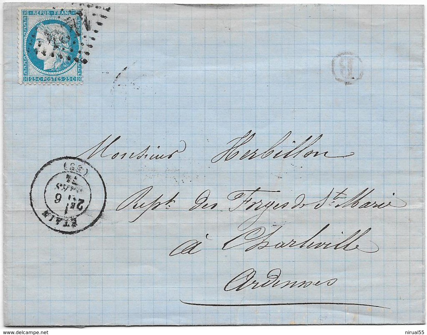 ETAIN Meuse CAD 03.1874 + GC 1434 Sur Céres 25c + Boîte Rurale B Dieppe Verso Bureau Passe 2351 MEZIERES 08 - 1849-1876: Klassik