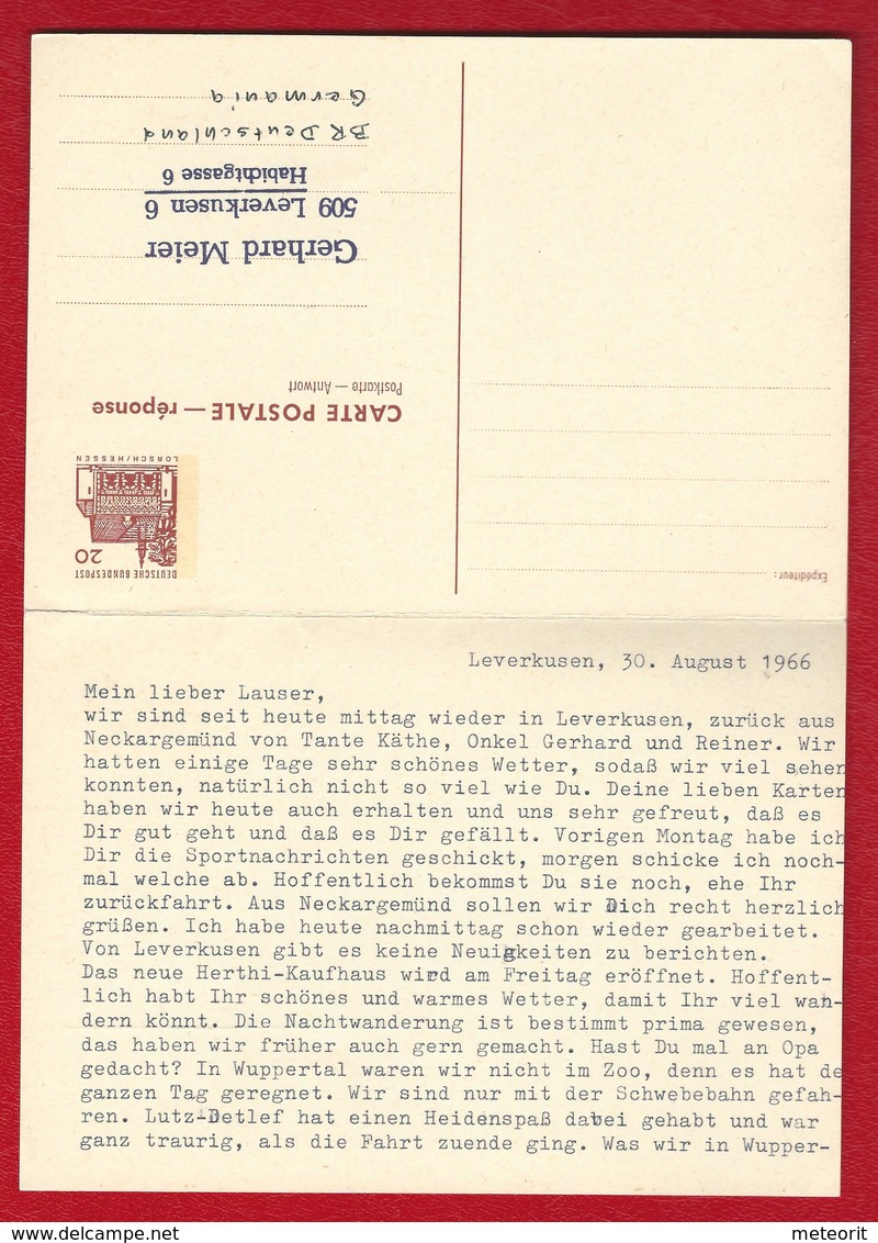 POSTKARTE MiNr. P 85 20/20 Pf. Rotbraun Frage- Und Antwortteil Zusammenhängend, Von 509 LEVERKUSEN Ma 30.8.66 -23 - Postkarten - Gebraucht