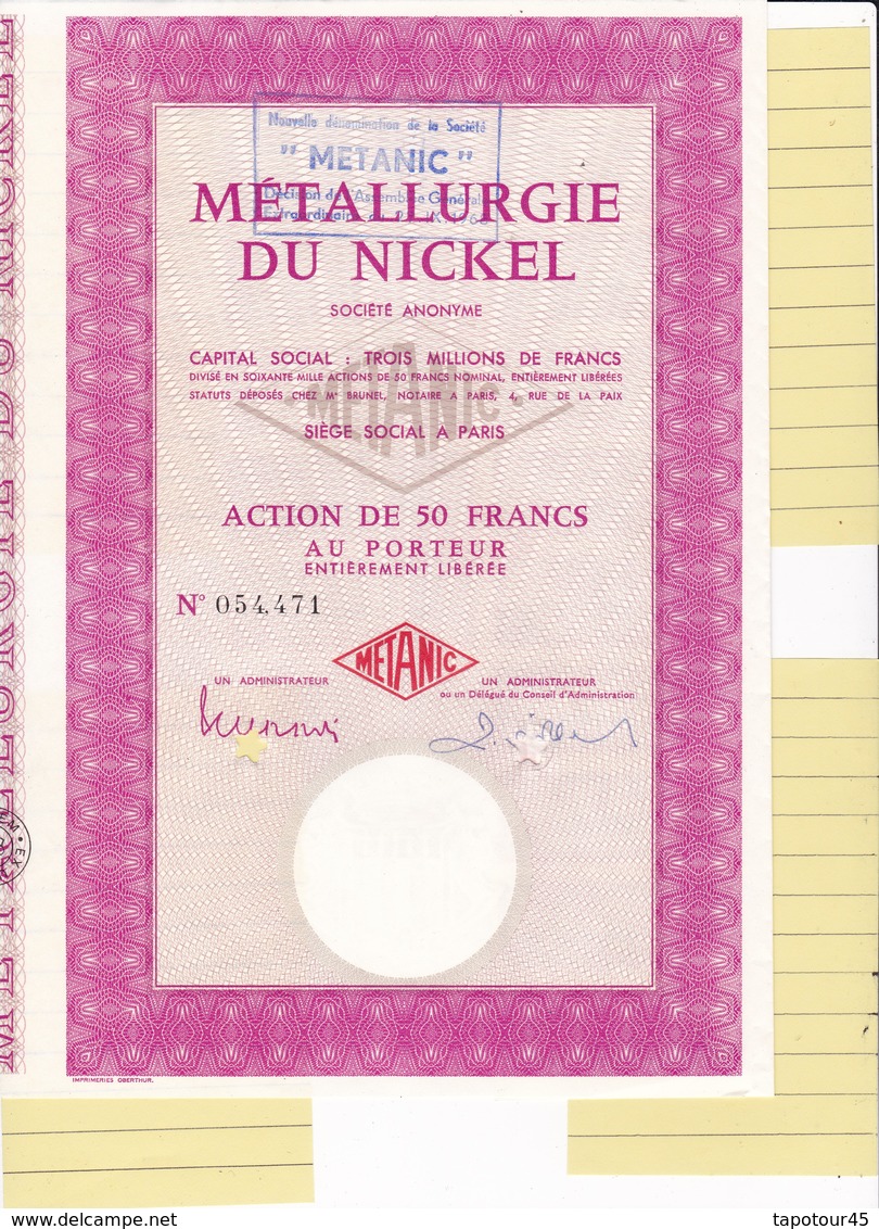 T 2	LOT (2 Titres) : METALLURGIE DU NICKEL - Action De 50 Frs	 (01) - Autres & Non Classés