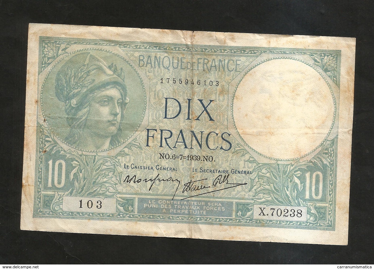 FRANCE - BANQUE De FRANCE - 10 Francs MINERVE (NO. 6 - 7 - 1939) - 10 F 1916-1942 ''Minerve''