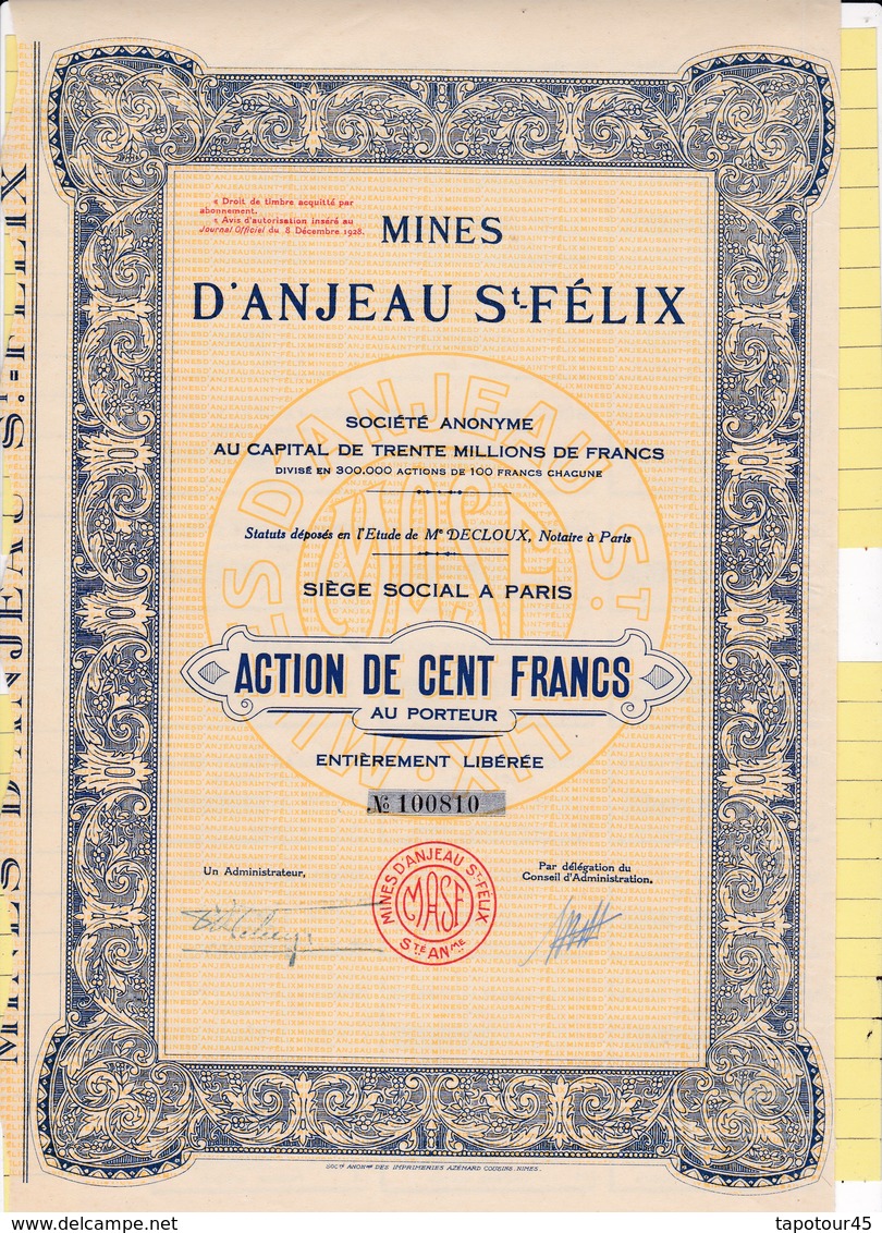 T 2	MINES : ANJEAU ST-FELIX - Action De 100 Frs		1928 (02) - Autres & Non Classés