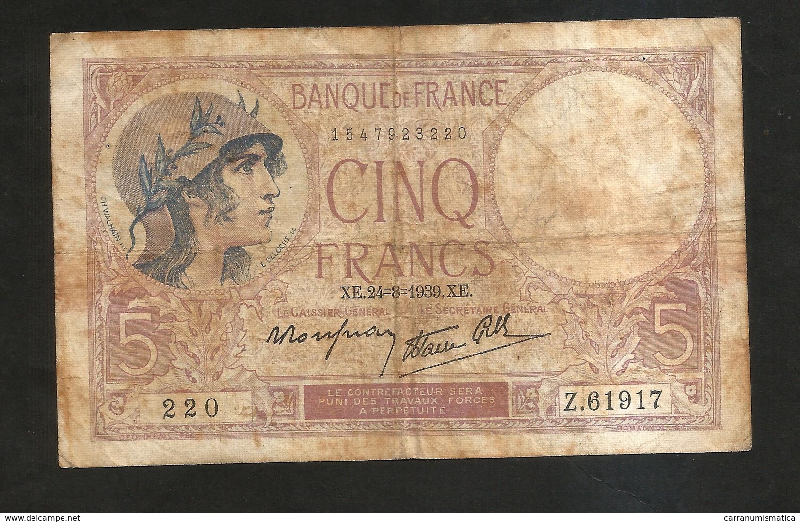FRANCE - BANQUE De FRANCE - 5 Francs VIOLET (XE. 24 - 8 - 1939) - 5 F 1917-1940 ''Violet''