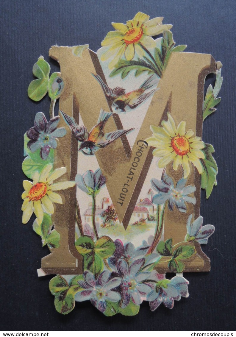 Découpi Ancien. Chocolat  LOUIT.  ALPHABET.  Lettre  M    Marguerites.  Violettes.   11,5 X 8 Cm - Autres & Non Classés