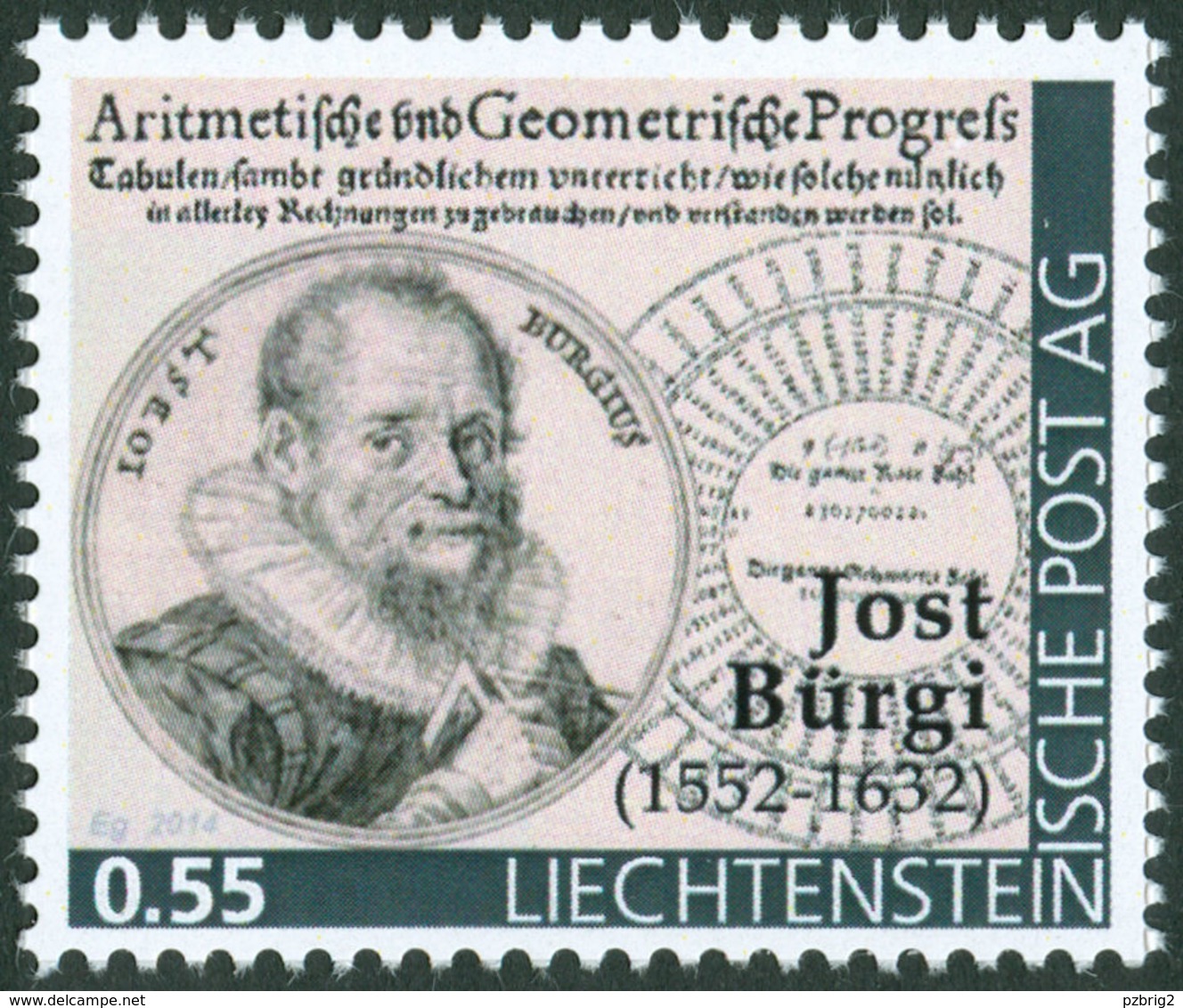 BÜRGI, J. - Liechtenstein 2014, MNH ** - Mathematics, Mathematiques, First Of Logarithms (1620) - " Die Marke" - Horlogerie