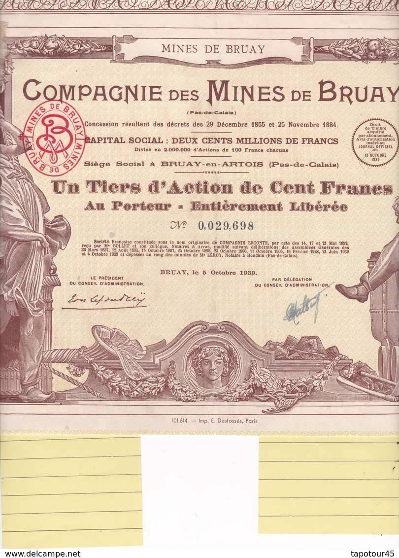 Th3	MINES : BRUAY - 1/3 D'action De 100 Frs		1939 (09) - Autres & Non Classés
