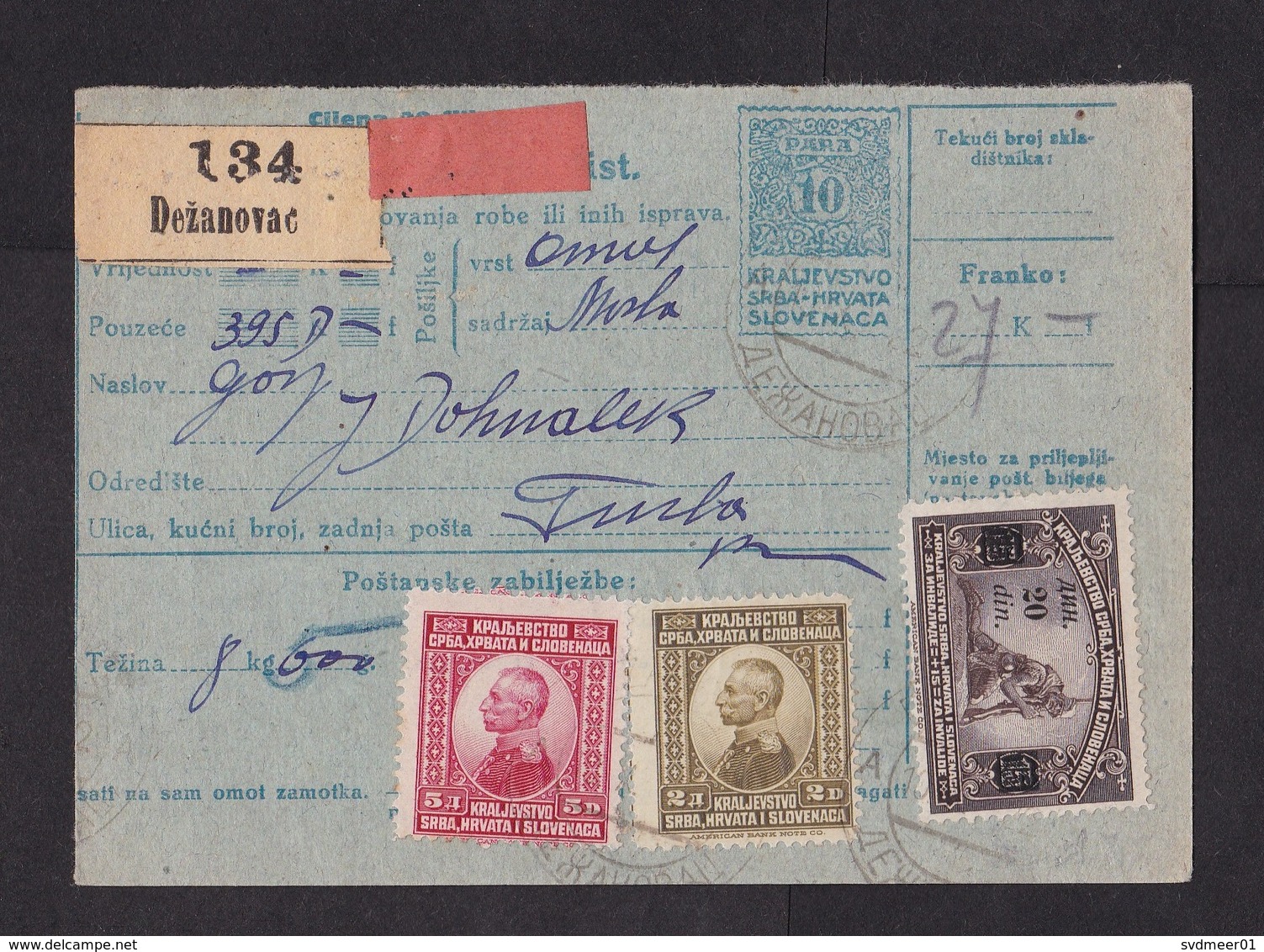 Yugoslavia: Stationery Parcel Card, 1922, 3 Extra Stamps, Value Overprint, Label Dezanovac, SHS (traces Of Use) - Brieven En Documenten