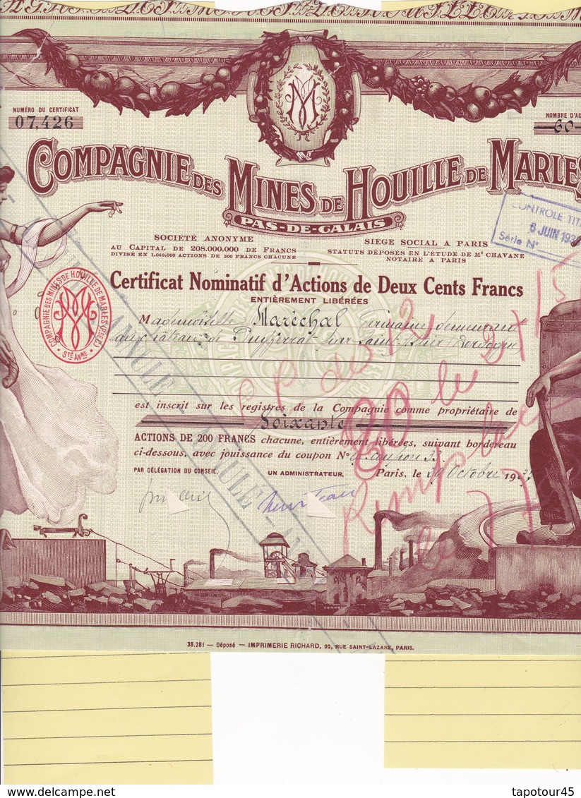 Th3	MINES : MARLES - Certificat		1937  (12) - Autres & Non Classés