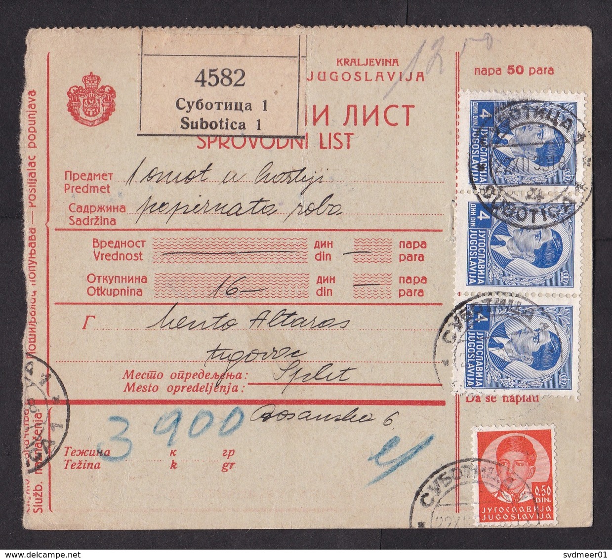 Yugoslavia: Parcel Card, 1933, 4 Stamps, Label Subotica (minor Damage) - Brieven En Documenten