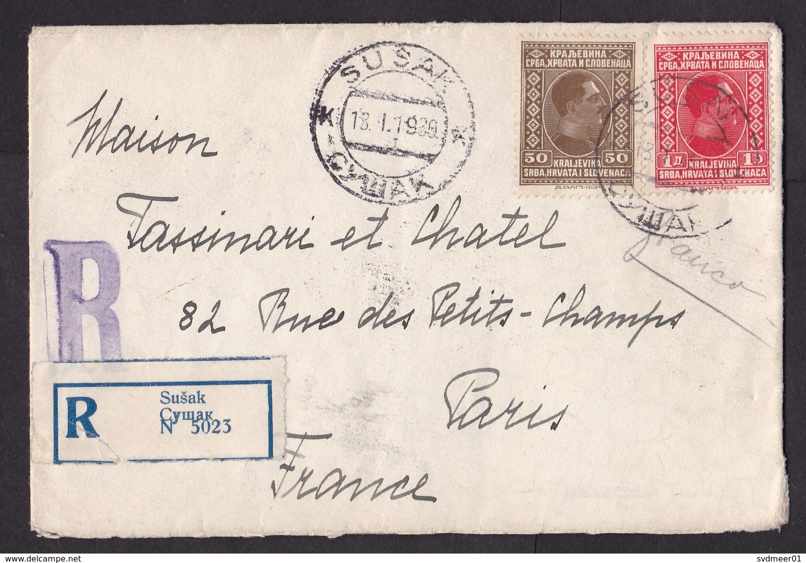 Yugoslavia: Registered Cover To France, 1930?, 5 Stamps, Various Issues, R-label Susak (traces Of Use) - Brieven En Documenten