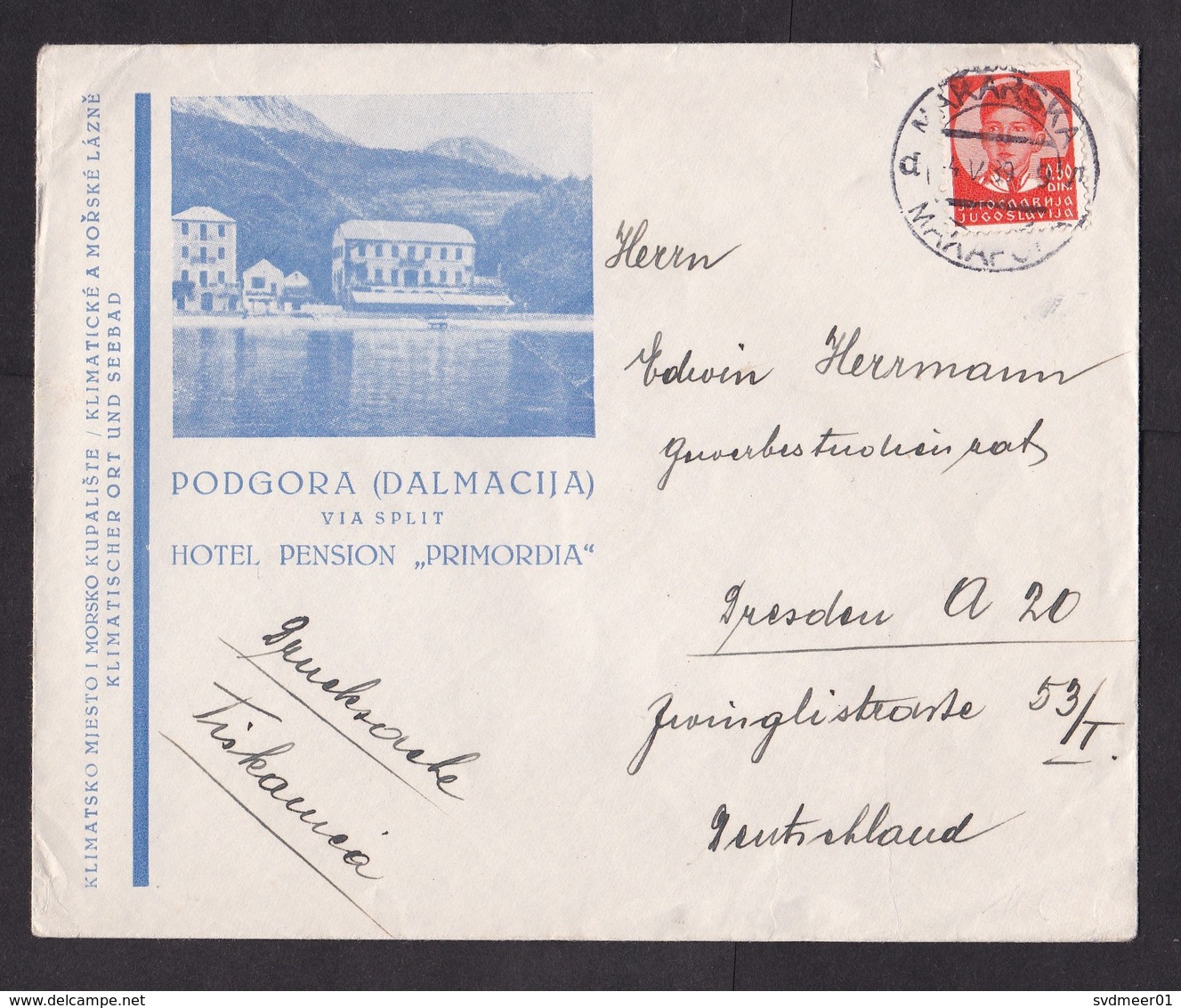 Yugoslavia: Cover Makarska To Germany, 1939, 1 Stamp, From Hotel Primordia, Podgora (minor Creases) - Brieven En Documenten