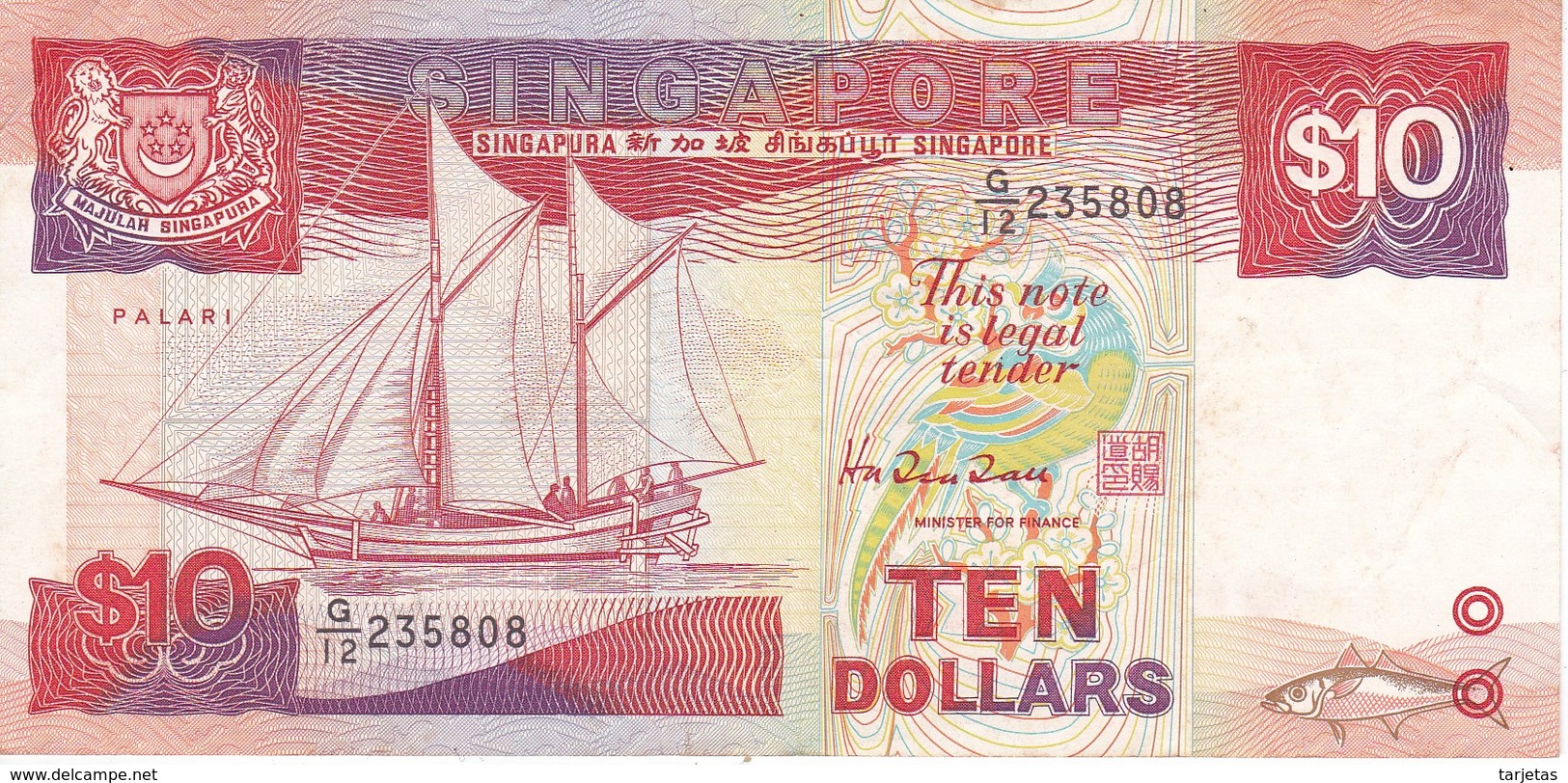 BILLETE DE SINGAPORE DE 10 DOLLARS DEL AÑO 1988 (BANKNOTE) BARCO-SHIP - Singapur