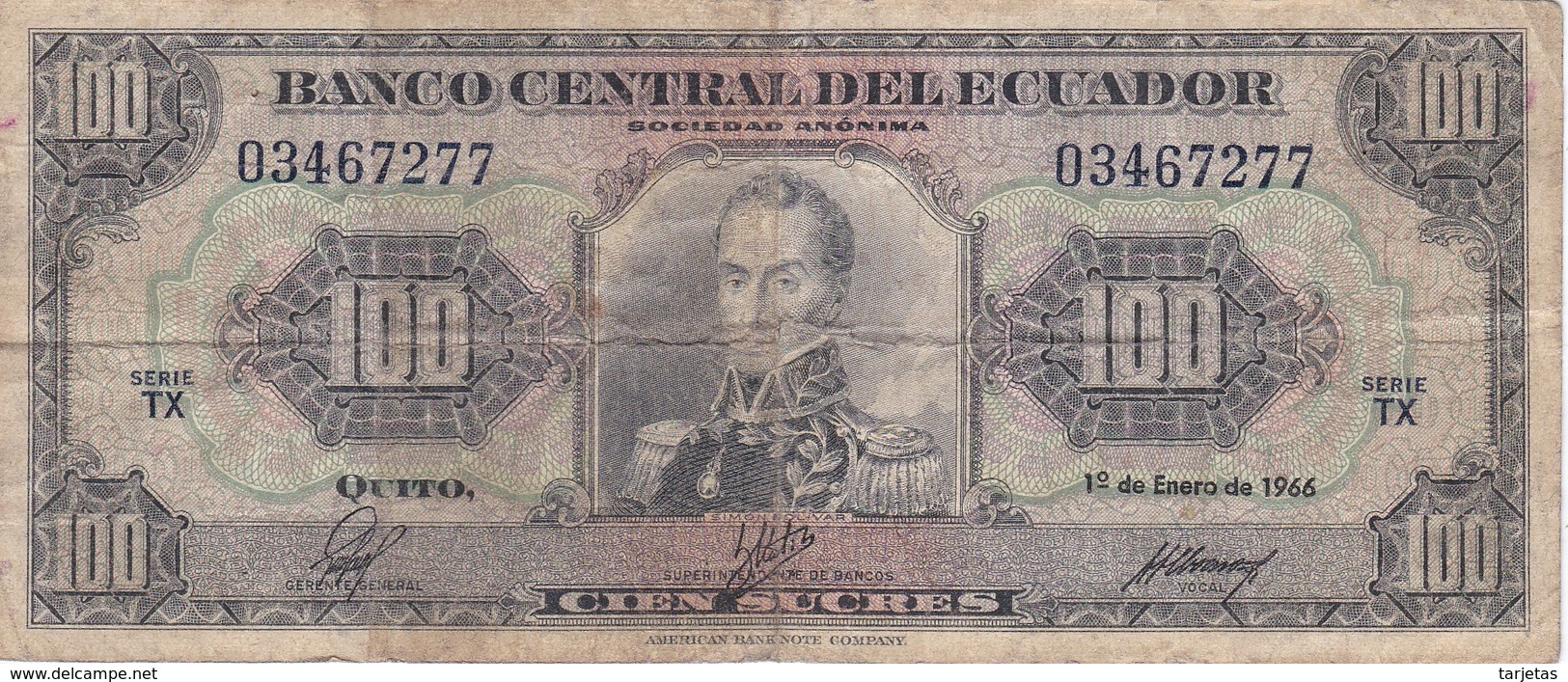 BILLETE DE ECUADOR DE 100 SUCRES DEL AÑO 1966 (BANKNOTE) RARO - Ecuador