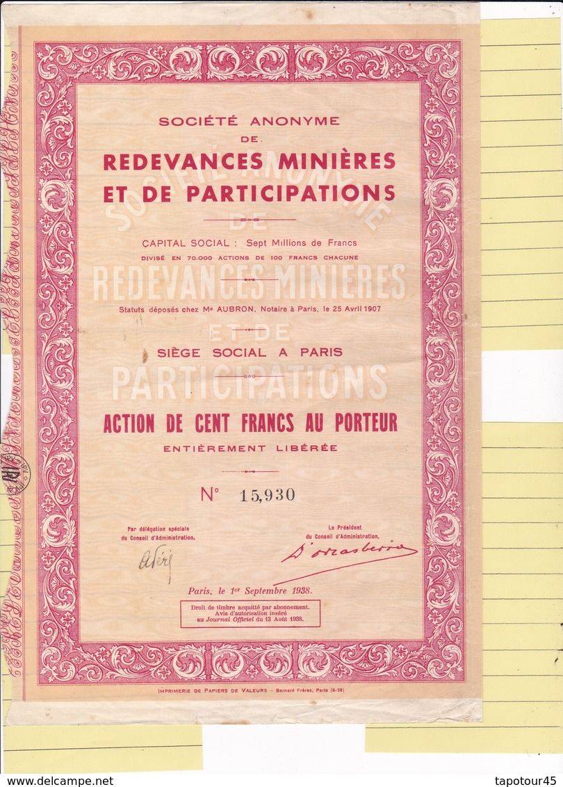 T 2	MINIERES : REDEVANCES - Action De 100 Frs		1938		 (07) - Autres & Non Classés