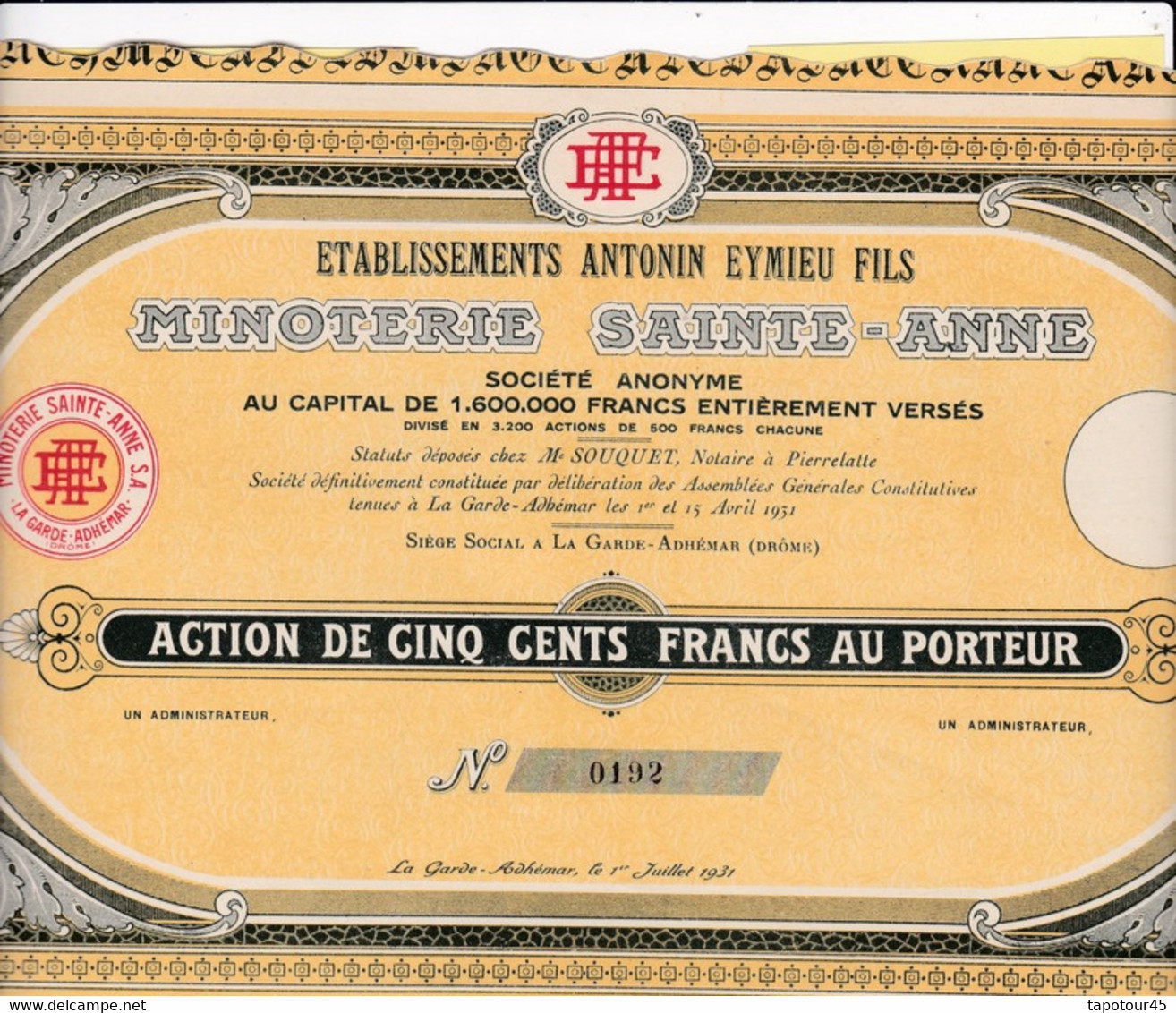 T 2		MINOTERIE : Ste-ANNE - Action De 500 Frs		1931		 (08) - Autres & Non Classés