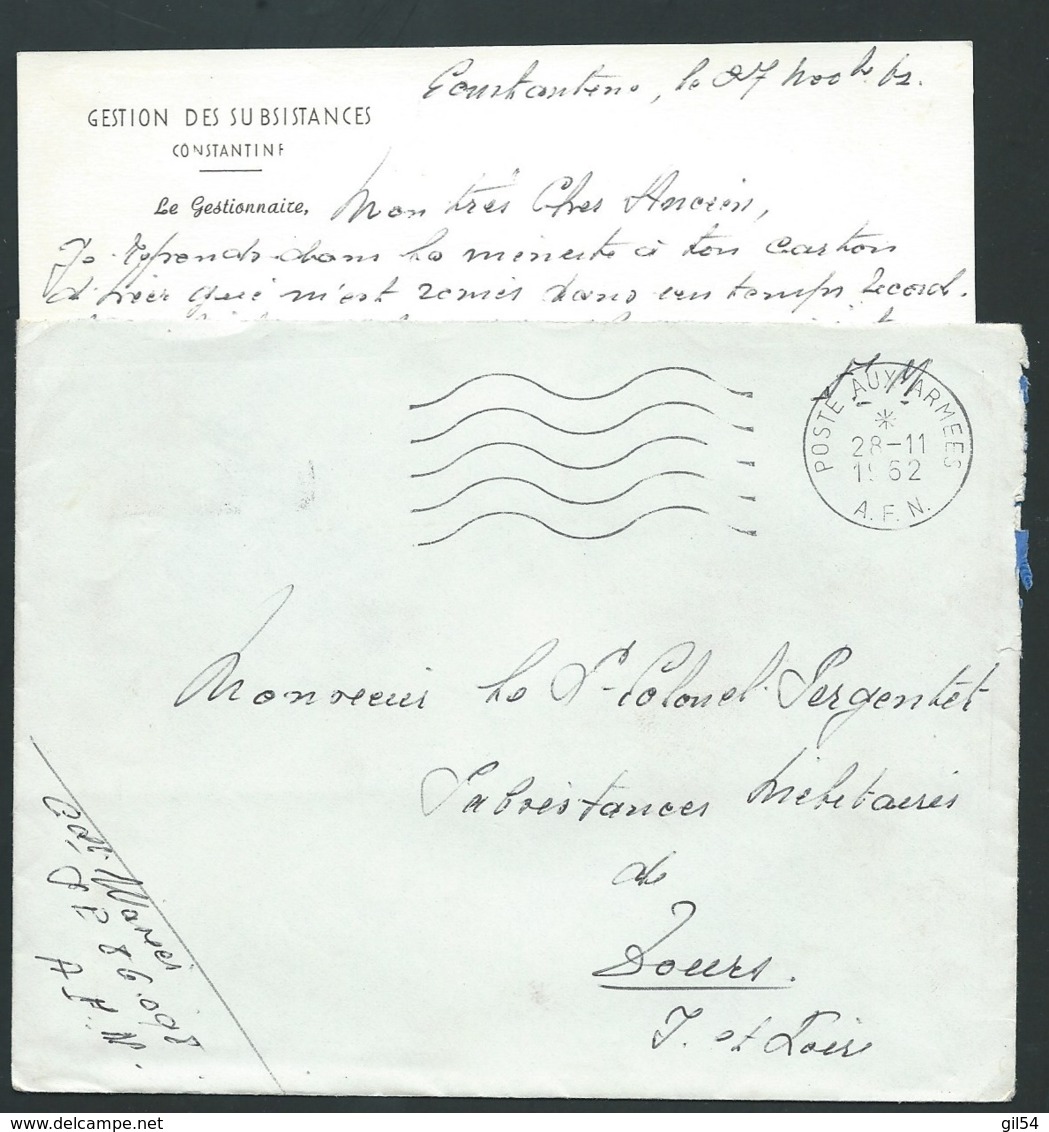 Sur Lac , Contenu à Ententete Gestion Des Subsistances Constantine  , + Obli  Poste Aux Armées A.F.N. EN 1952 RAA0602 - Guerre D'Algérie