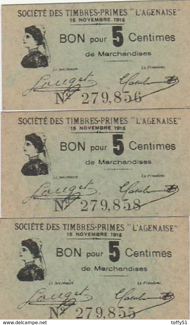 3 BON POUR 5 CENTIMES DE MARCHANDISES SOCIÉTÉ DES TIMBRES PRIMES "L'AGENAISE" (47) - Monétaires / De Nécessité