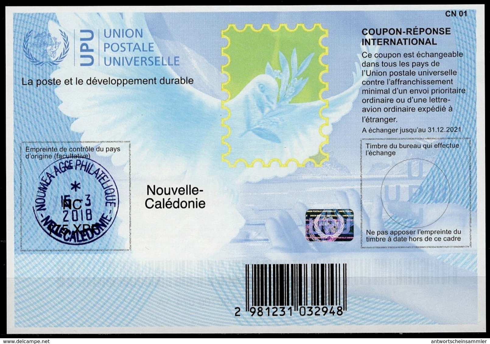 NOUVELLE CALÉDONIE Is40A 175XPF  20170901 AA  International Reply Coupon Reponse Antwortschein IRC IAS Hologram O NOUMEA - Ganzsachen