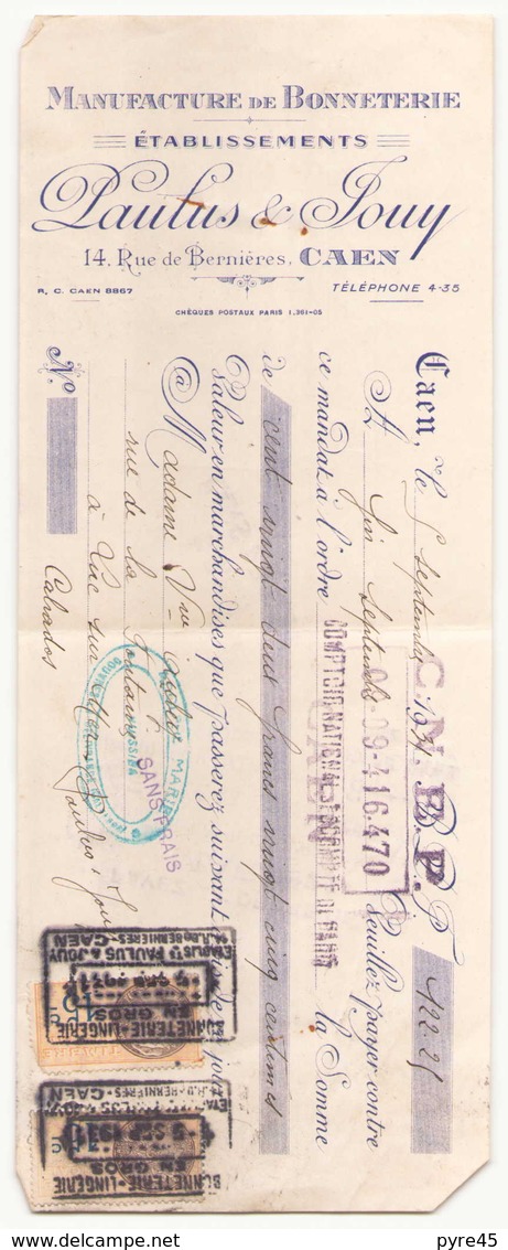 Chèque  Paulus & Jouy Manufacture De Bonneterie à Caen Du 5 Septembre 1931 - Schecks  Und Reiseschecks