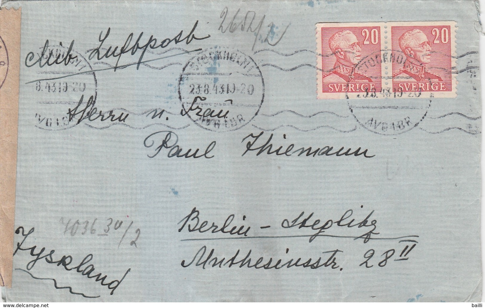 Suède  Lettre Censurée Pour L'Allemagne 1943 - 1930- ... Rouleaux II