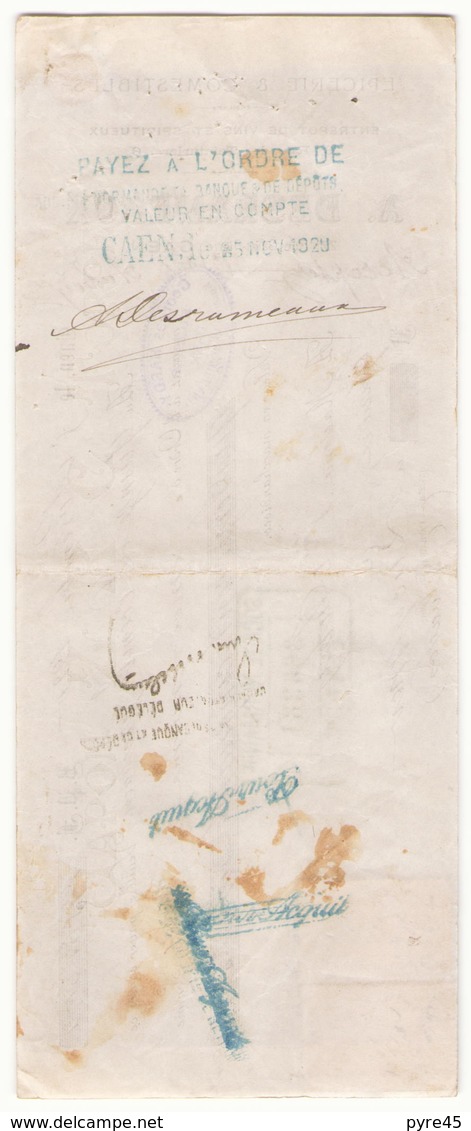 Chèque A. Desrameaux épicerie & Comestibles à Caen Du 5 Novembre 1920 - Chèques & Chèques De Voyage