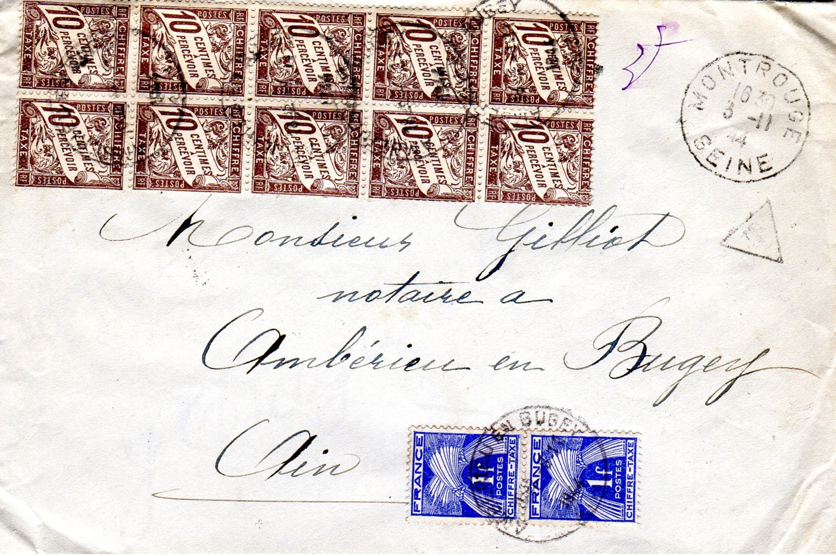 Lettre Sans Timbre Poste Taxée à 3 F Avec Des Timbres De Deux Séries Différentes - 1859-1959 Lettres & Documents