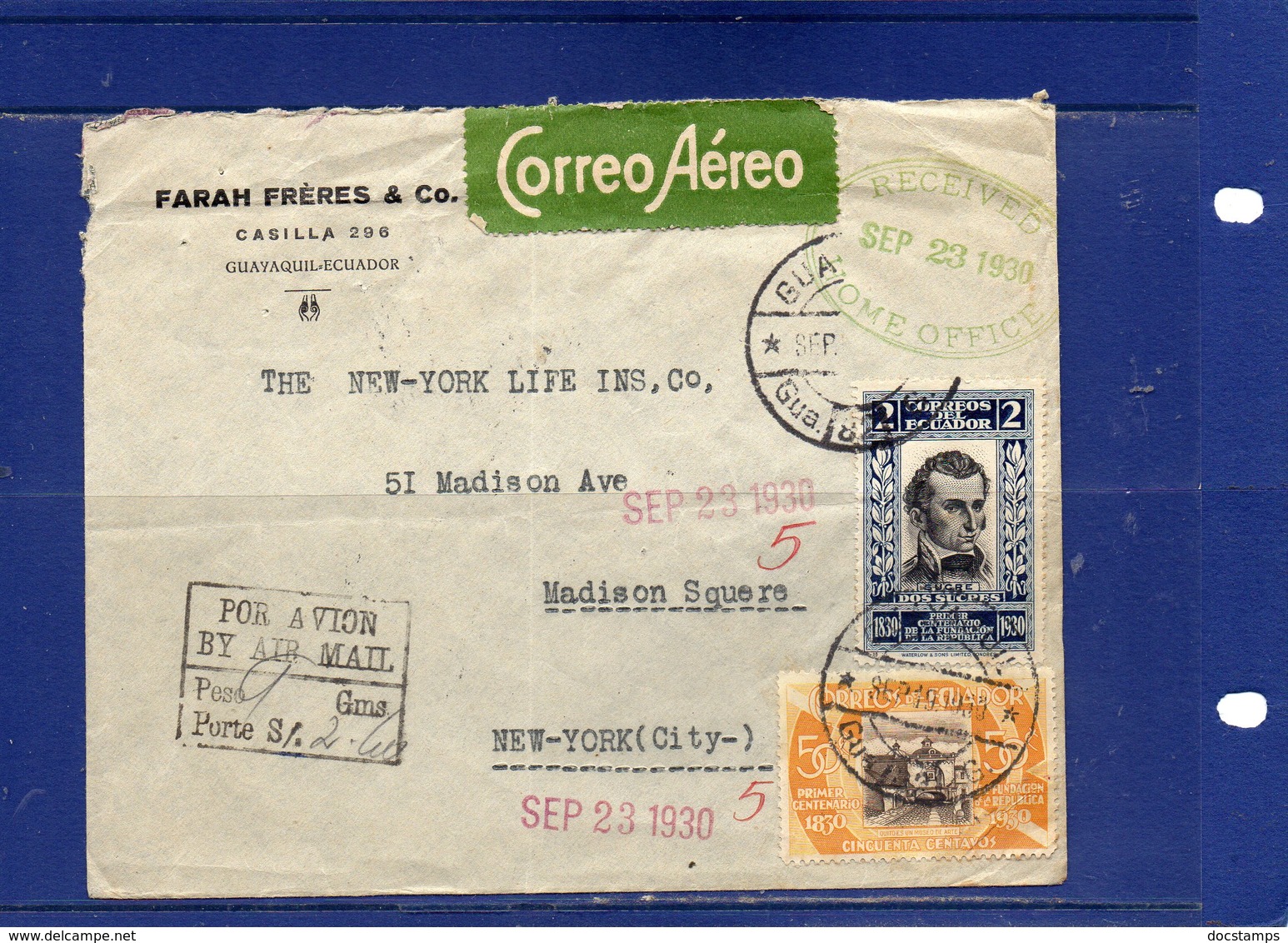 ##(DAN1812)-Postal History-Equador 1930- Airmail  Cover From Guayaquil  To New York - U.S.A. - Ecuador