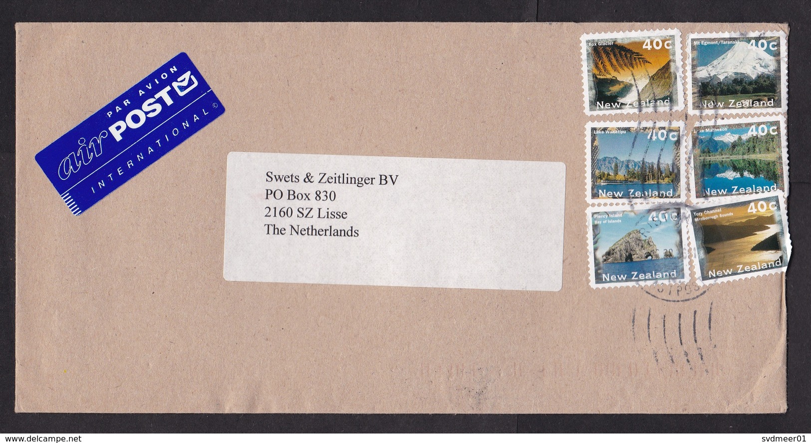 New Zealand: Airmail Cover To Netherlands, 1996, 6 Stamps, Landscape, Air Label Airpost International (3 Stamps Damaged) - Brieven En Documenten