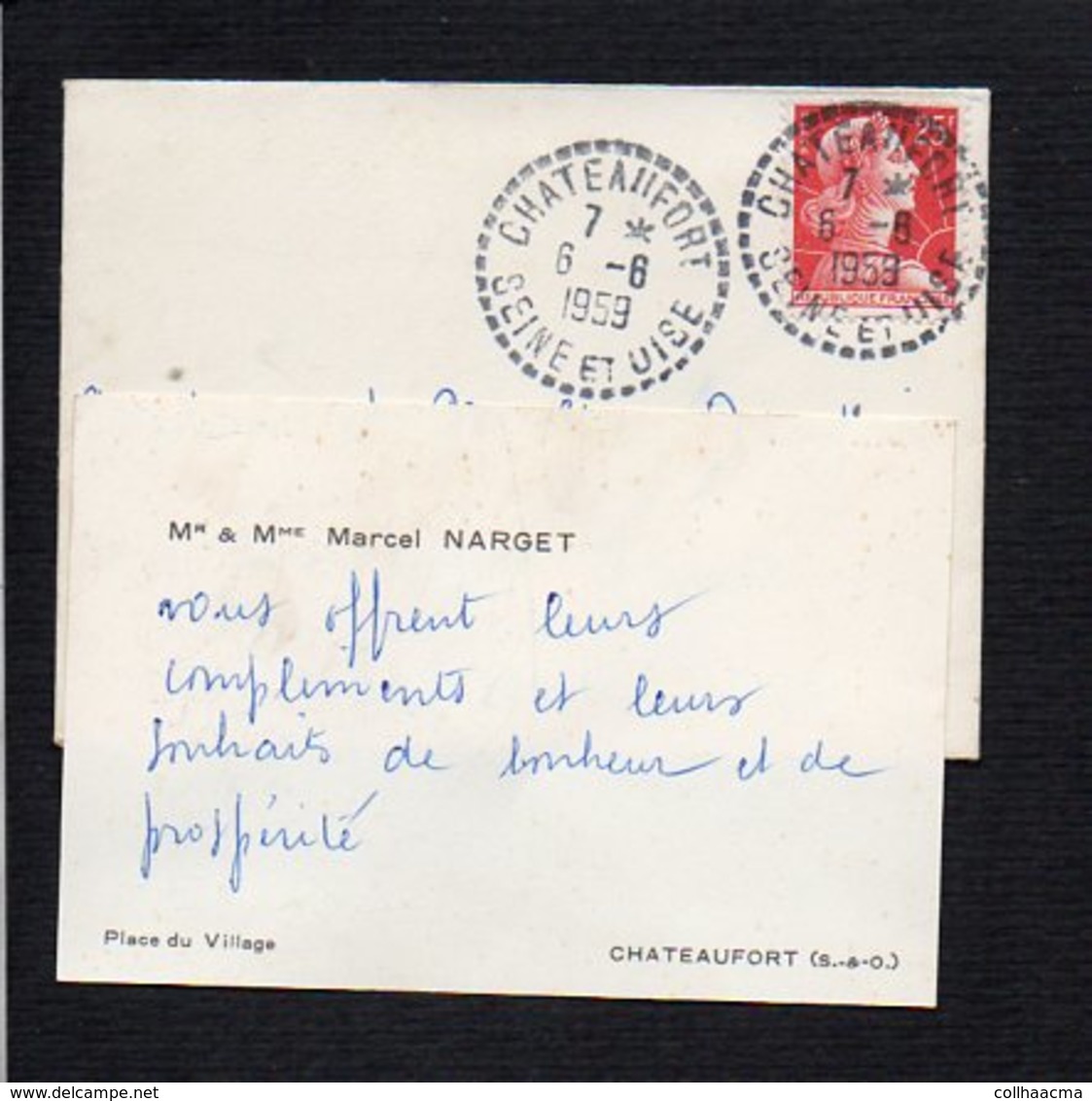 Carte De Visite + Enveloppe De  Mr & Mme Marcel Narget Place Du Village à Chateaufort (Seine Et Oise ) - Cartes De Visite