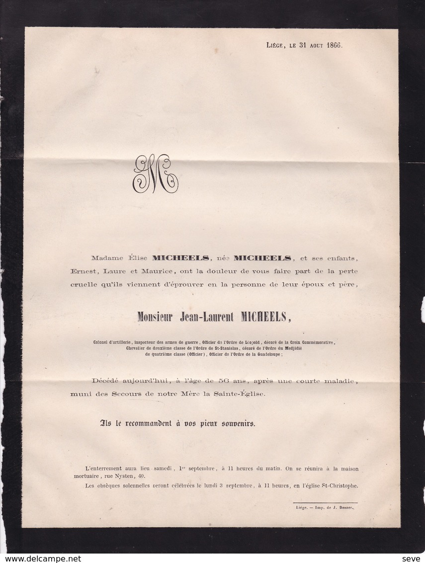 Expédition MEXIQUE Jean-Laurent MICHEELS 56 Ans 1866 Colonel D'artillerie LIEGE Décoré Ordre De La GUADELOUPE - Esquela
