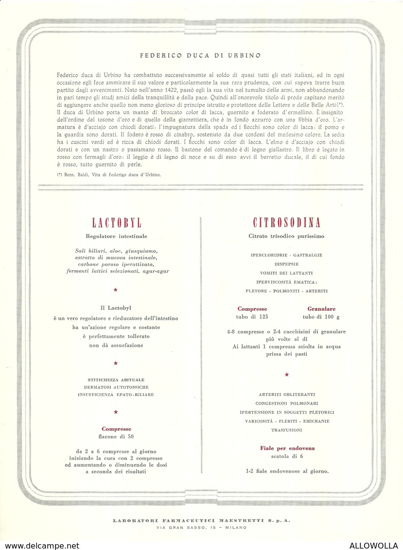 1896"-FEDERICO DUCA D'URBINO-MCCCC-STAMPA PROPAGANDA LAB. FARM. MAESTRETTI " STAMPA ORIG. - Altri & Non Classificati