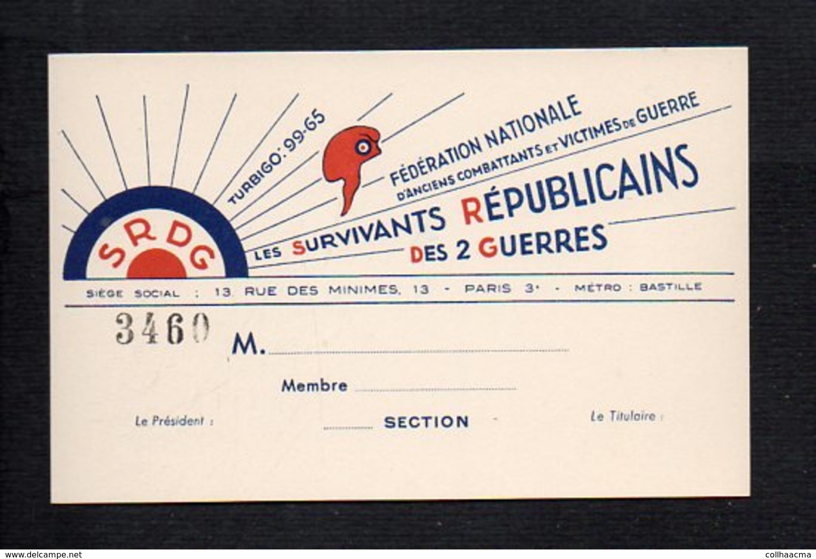 Carte De Visite Ou Membre (vierge) De La S.R.D.G "Les Survivants Républicains Des 2 Guerres" Anciens Combattants Paris 3 - Cartes De Visite