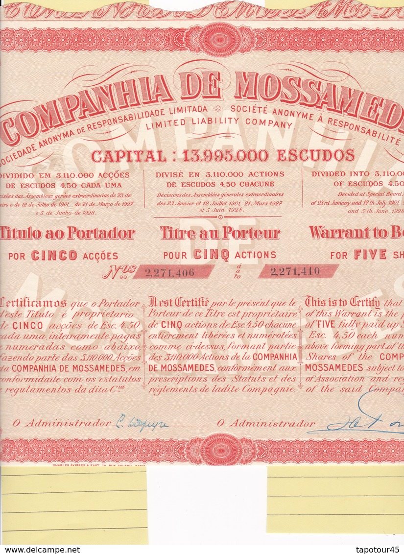 T 2		LOT (4 Titres) : MOSSAMEDES - Action De 450 Escudos		1928	2 Différentes (10) - Autres & Non Classés