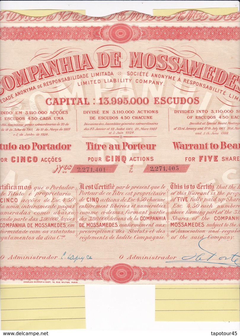 T 2		LOT (4 Titres) : MOSSAMEDES - Action De 450 Escudos		1928	2 Différentes (10) - Autres & Non Classés