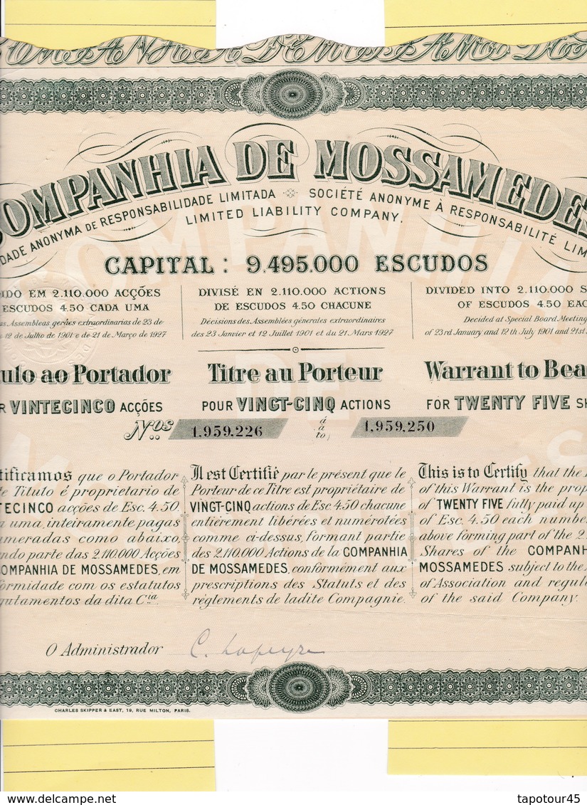 T 2		LOT (4 titres) : MOSSAMEDES - action de 450 escudos		1928	2 différentes (10)