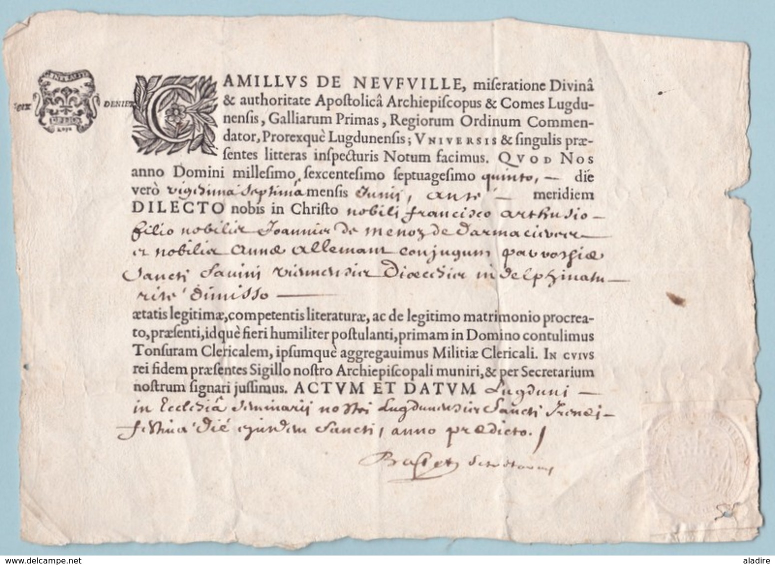 1675 - Règne De Louis XIV - Acte De Mariage Célébré Par Le Primat Des Gaules (archevêque De Lyon) Camille De Neuville - Manuscrits