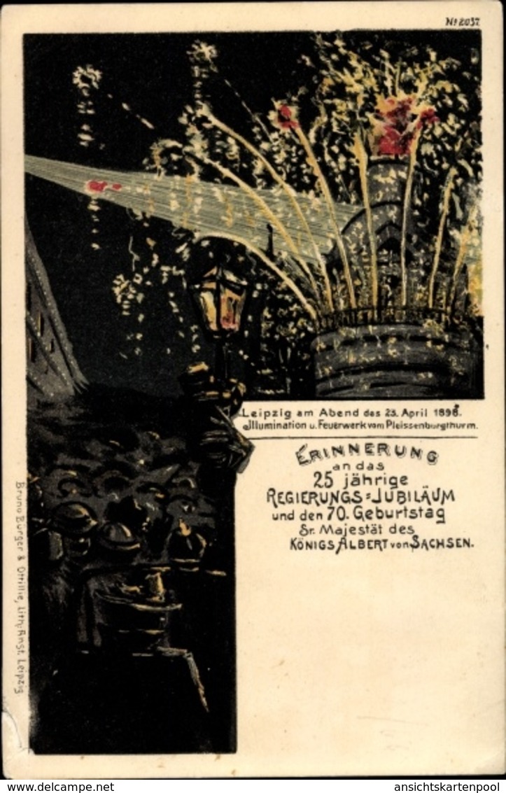 Artiste Lithographie Leipzig, Regierungsjubiläum, Geburtstag Roi Albert V. Saxe 1898, Feuerwerk, BBOL - Familles Royales