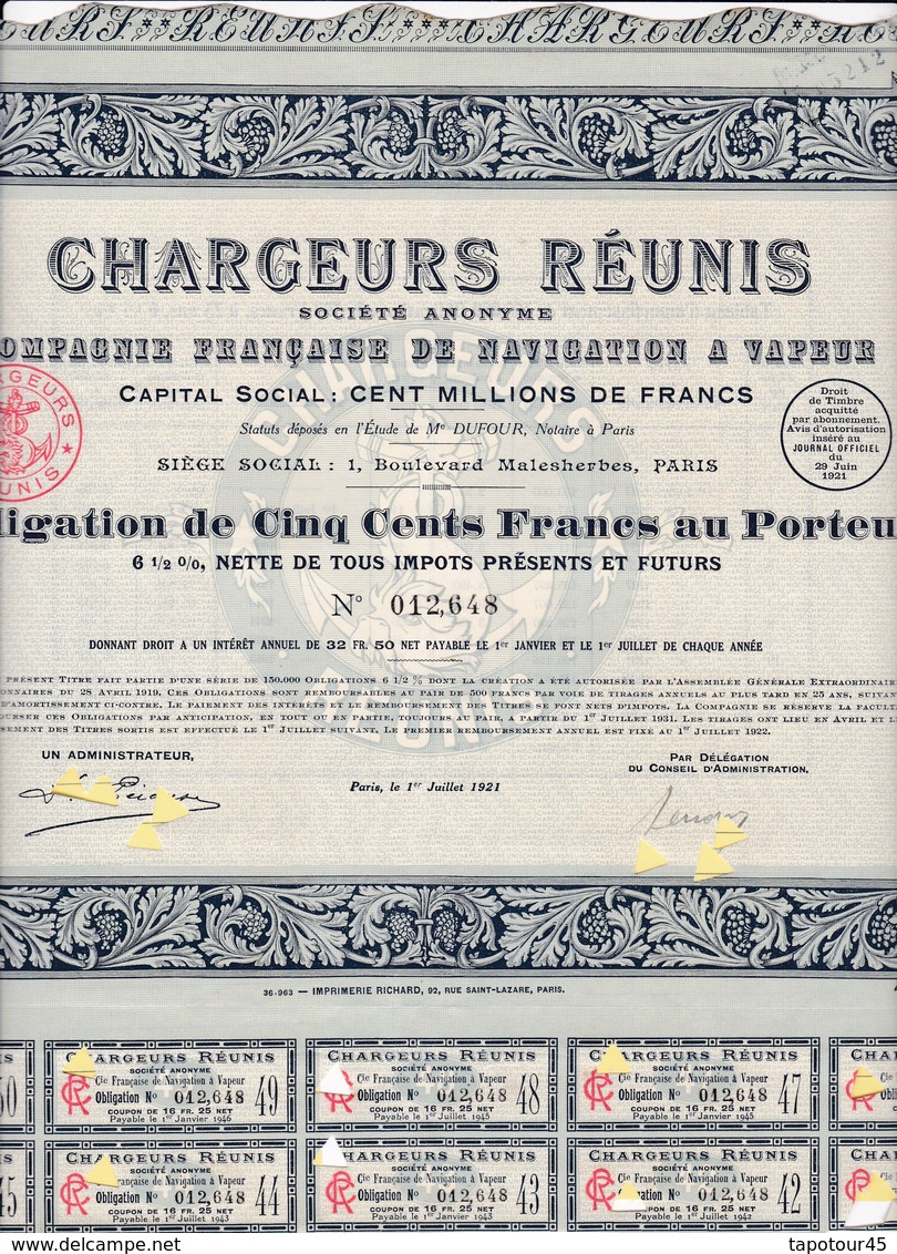 T 2	NAVIGATION : CHARGEURS REUNIS - Obligation De 500 Frs		1921	  (13) - Autres & Non Classés