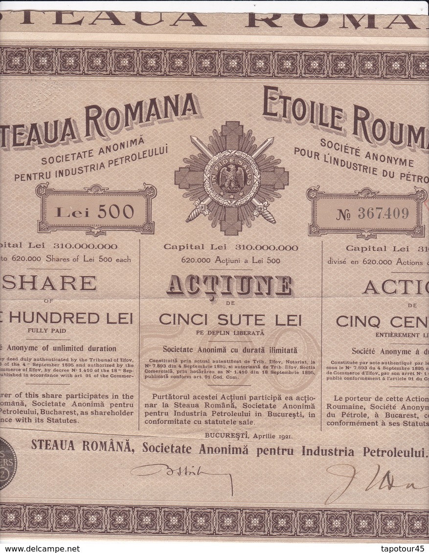 Th3	LOT (8 Titres) : PETROLE : ETOILE ROUMAINE - Act. 500 Lei			Dates Différentes	  (33) - Autres & Non Classés