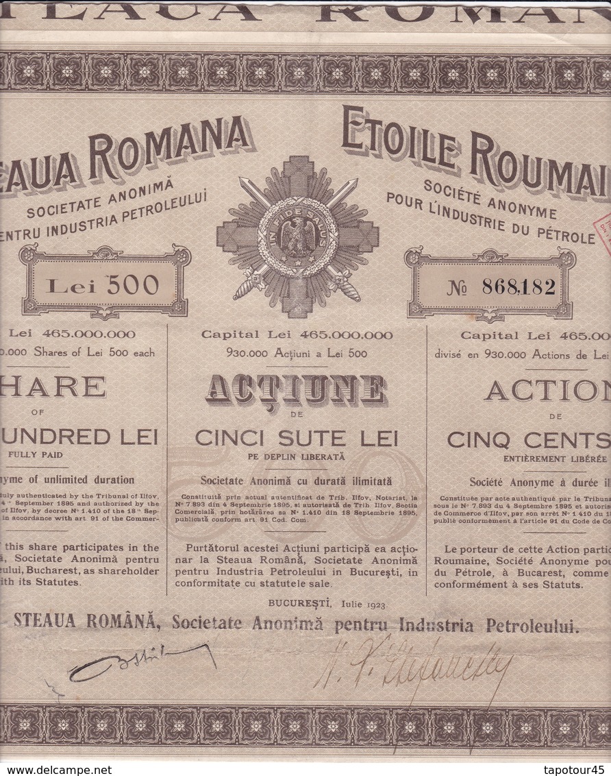 Th3	LOT (8 Titres) : PETROLE : ETOILE ROUMAINE - Act. 500 Lei			Dates Différentes	  (33) - Autres & Non Classés