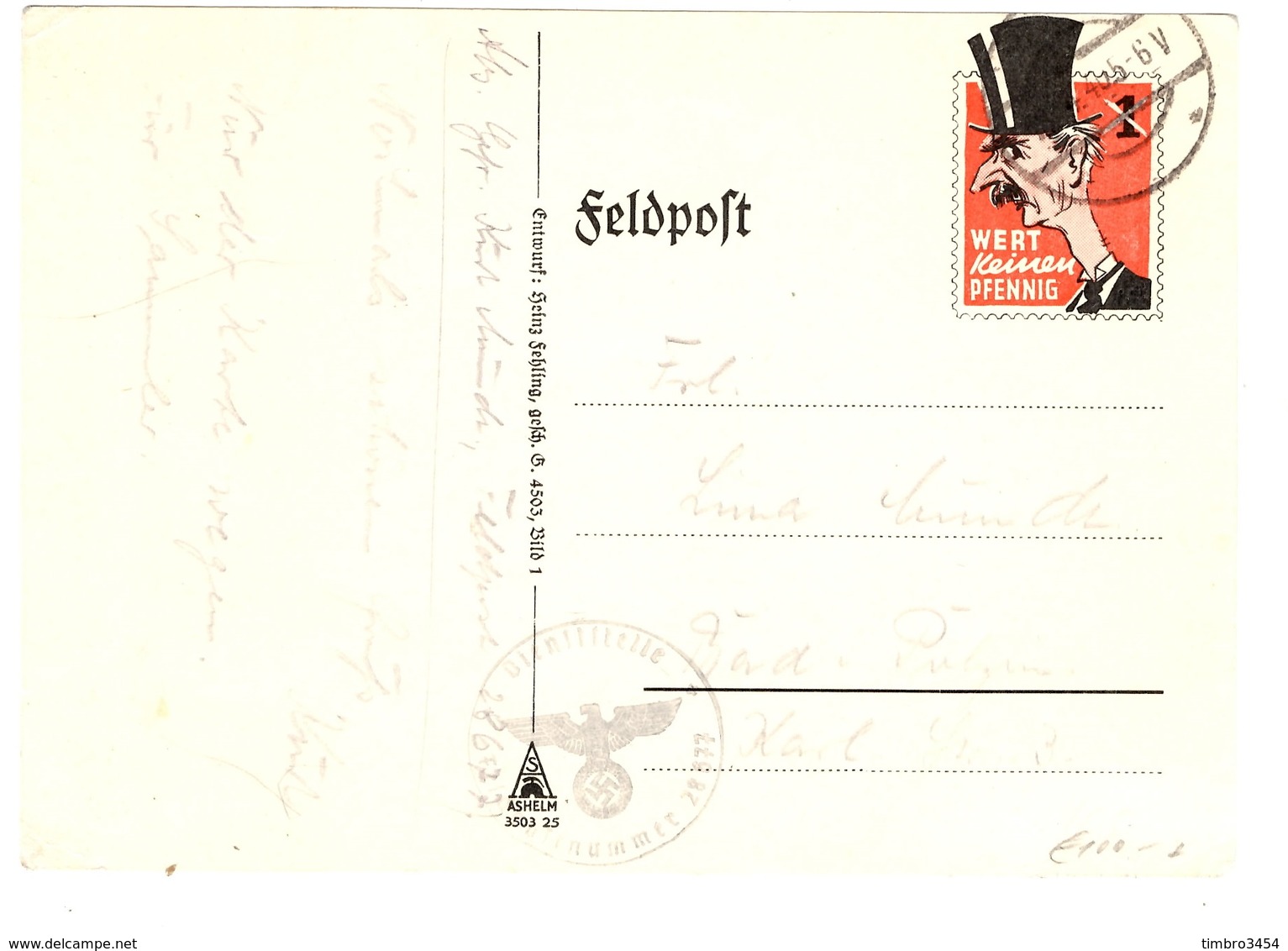 Allemagne/Reich Carte Feldpost  Propagande "Wert Keinen Pfennig" (caricature Chamberlain) De 1940. B/TB. A Saisir! - Lettres & Documents
