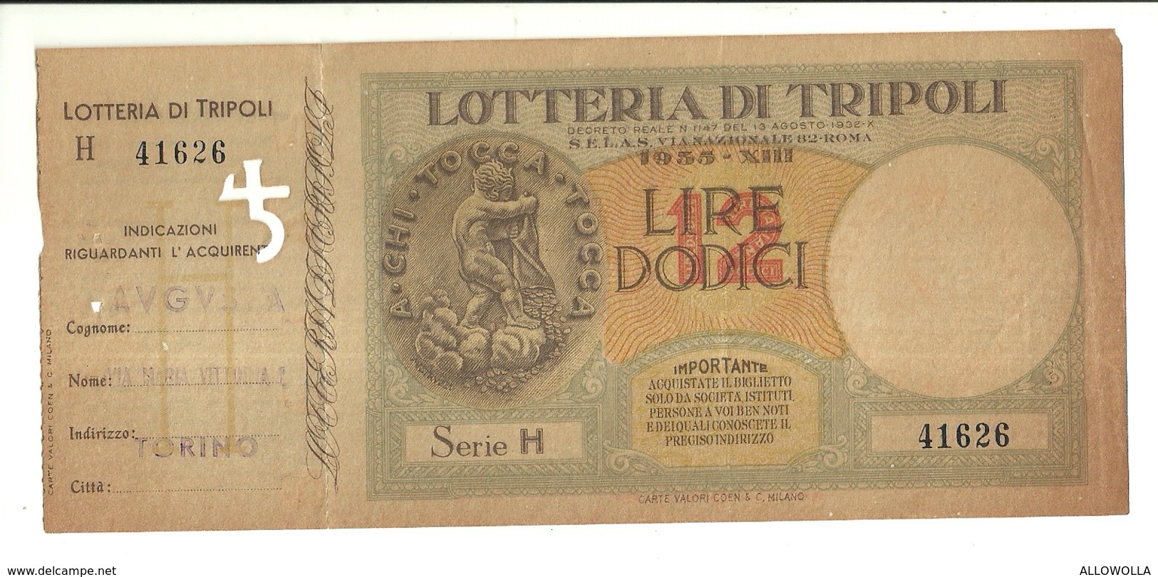 1920 "LOTTERIA DI TRIPOLI-1935-LIRE DODICI" LIBRETTO ORIG. - Biglietti Della Lotteria