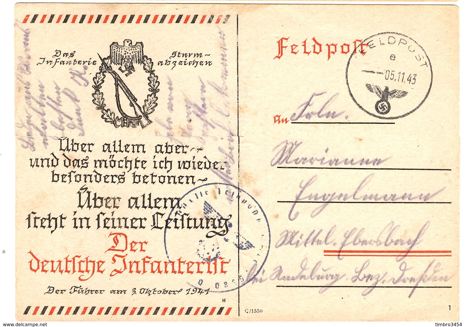 Allemagne/Reich Carte Feldpost  Propagande "Des Deutsche Infanterie" Oblitérée De 1943. B/TB. A Saisir! - Lettres & Documents